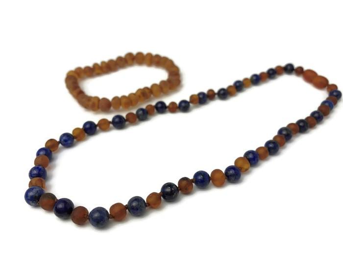 Adult Amber Necklace - ADHD Arthritis Carpal Tunnel Raw UnPolished Congac Lapis Lazuli
