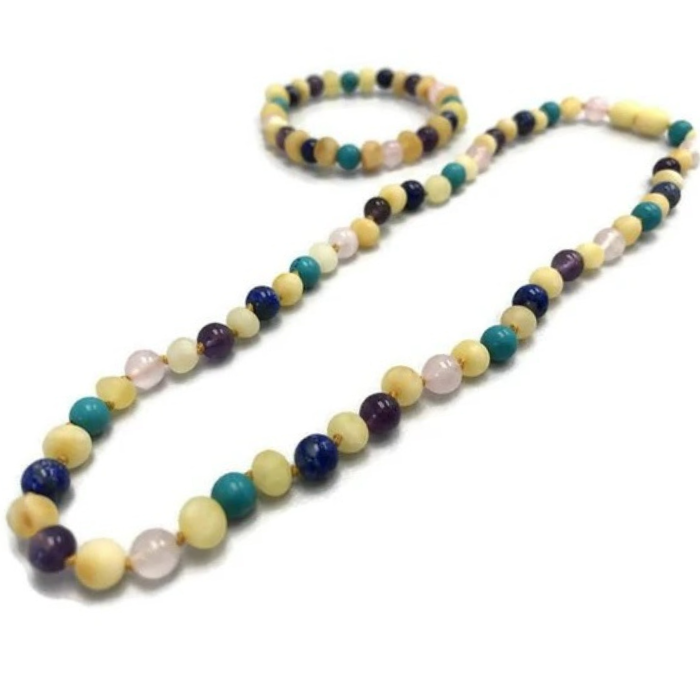 Baby Baltic Amber Necklace - 12.5 11 17 19 Amber Teething Raw Milk Turquoise Lapis Pink Amethyst