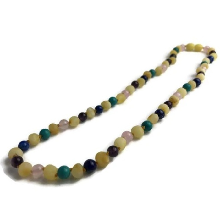 Baby Baltic Amber Necklace - 12.5 11 17 19 Amber Teething Raw Milk Turquoise Lapis Pink Amethyst