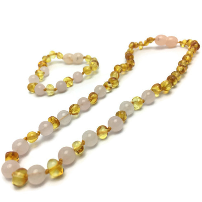 Baby Baltic Amber Necklace - Baltic Amber Teething Necklace And Rose Gemstone