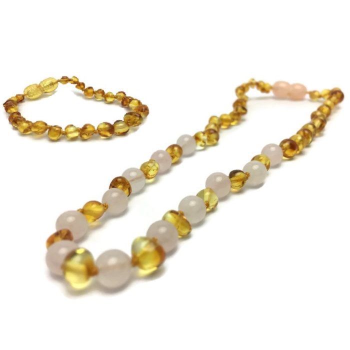 Baby Baltic Amber Necklace - Baltic Amber Teething Necklace And Rose Gemstone