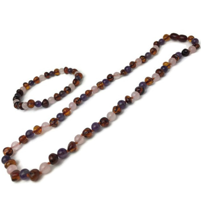 Baby Baltic Amber Necklace - Baltic Amber Teething Necklace Cognac Rainbow Gemstones