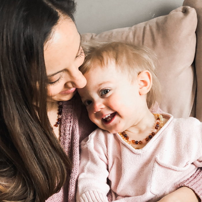 Baby Baltic Amber Necklace - Baltic Amber Teething Necklace Cognac Rainbow Gemstones