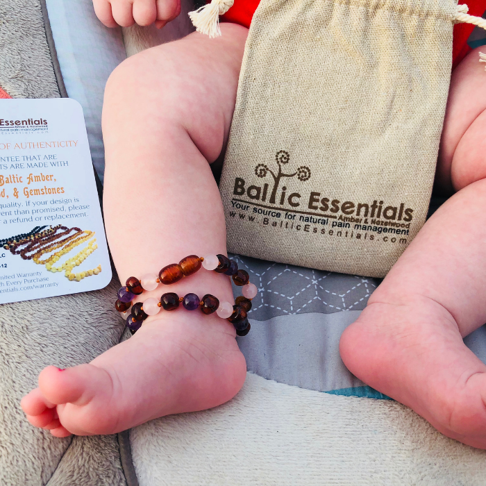 Baby Baltic Amber Necklace - Baltic Amber Teething Necklace Cognac Rainbow Gemstones