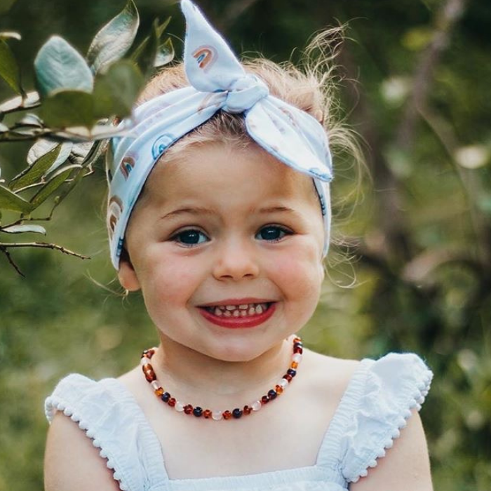 Baby Baltic Amber Necklace - Baltic Amber Teething Necklace Cognac Rainbow Gemstones