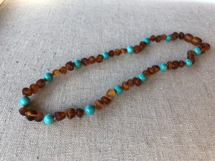 Baby Baltic Amber Necklace - Baltic Amber Teething Necklace Raw 12.5 In Cognac Turquoise