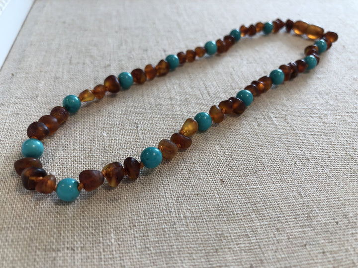 Baby Baltic Amber Necklace - Baltic Amber Teething Necklace Raw 12.5 In Cognac Turquoise
