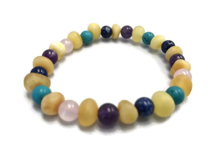 Baby Baltic Amber Necklace - Bracelet Baltic Amber Teething Raw Milk Turquoise Lapis Pink Amethyst