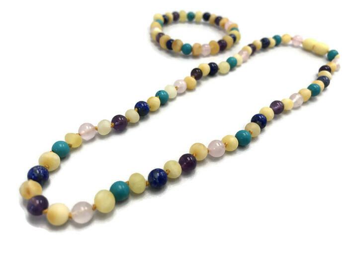 Baby Baltic Amber Necklace - Bracelet Baltic Amber Teething Raw Milk Turquoise Lapis Pink Amethyst