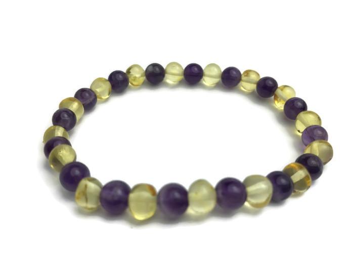 Baltic Amber Bracelet - 7.5 Inch Baltic Amber Bracelet Polished Lemon Amethyst Adult Stretch