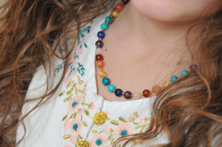 Baltic Amber Necklace - 11 Baltic Amber Necklace Rainbow Honey Amber Rose Quartz Red Amethyst Baby