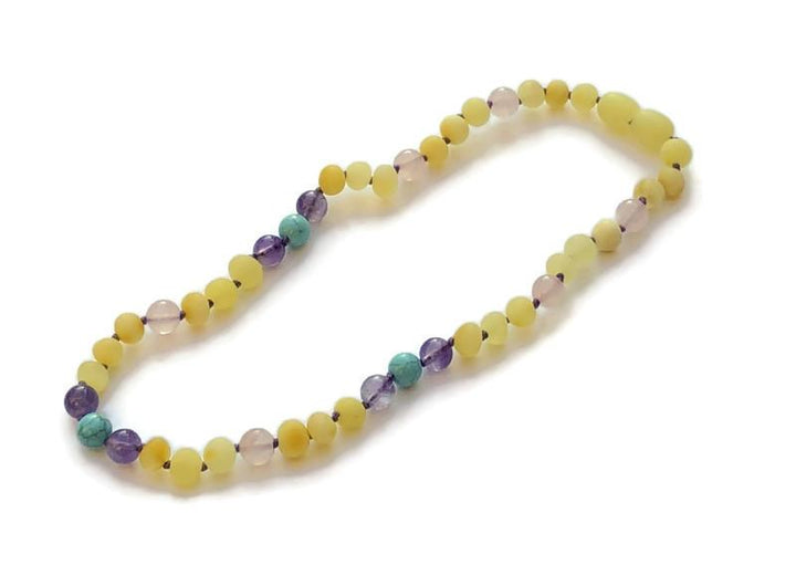12.5 11 in Baltic Amber Necklace Raw Milk Lemon Pink Rose Quartz Amethyst Turquoise