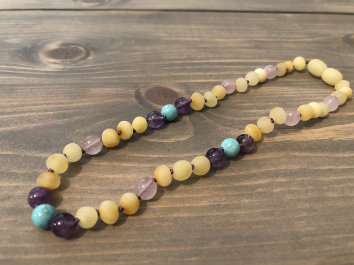 12.5 11 in Baltic Amber Necklace Raw Milk Lemon Pink Rose Quartz Amethyst Turquoise