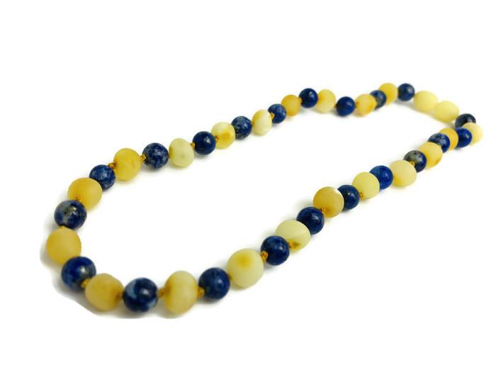 Baltic Amber Necklace - 12.5" ADHD Anxiety Teething Raw Milk Lapis Lazuli Baltic Amber Necklace Natural
