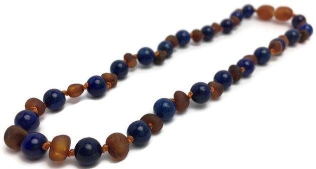 Baltic Amber Necklace - 12.5 ADHD Teething Raw Cognac Lapis Lazuli Baltic Amber Necklace Baby Toddler