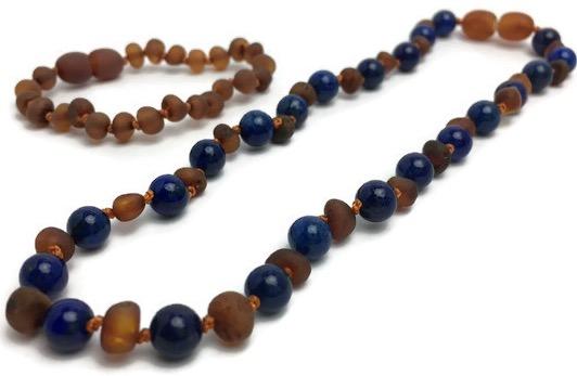Baltic Amber Necklace - 12.5 ADHD Teething Raw Cognac Lapis Lazuli Baltic Amber Necklace Baby