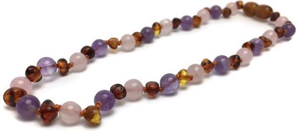 Baltic Amber Necklace - 12.5 Inch Baltic Amber Necklace Rainbow Honey Amber Pink Rose Quartz Amethyst Baby, Infant, Toddler, Big Kid
