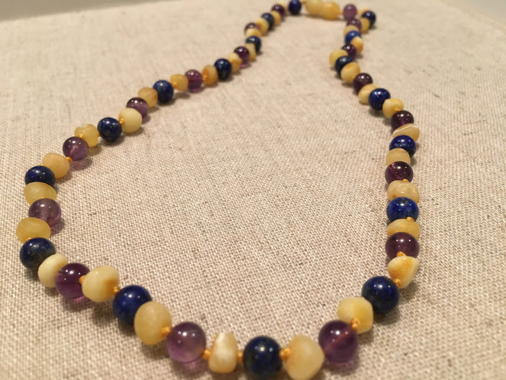 Baltic Amber Necklace - ADHD Anxiety Anger Stress Raw Milk Baltic Amber Lapis Lazuli 17 19 22