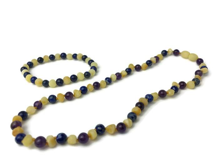 Baltic Amber Necklace - ADHD Anxiety Anger Stress Raw Milk Baltic Amber Lapis Lazuli 17 19 22
