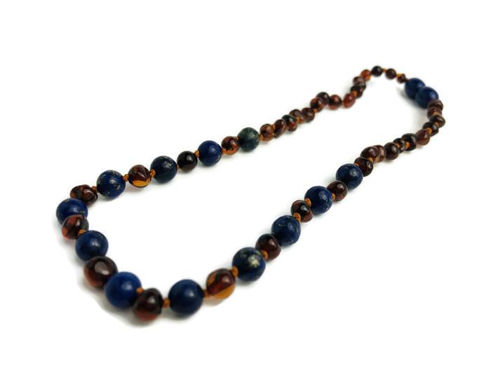 Baltic Amber Necklace - ADHD Teething Inflammation Polished Cognac Lapis Lazuli Baltic Amber Necklace