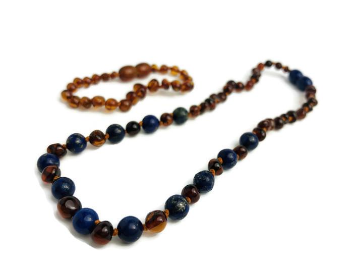 ADHD Teething Inflammation Polished Lapis Lazuli Baltic Amber Necklace For Baby, Infant, Toddler
