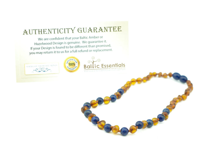 ADHD Teething Inflammation Polished Lapis Lazuli Baltic Amber Necklace For Baby, Infant, Toddler