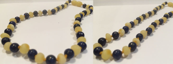 Baltic Amber Necklace - Adult & Child Set Raw Milk Baltic Amber Teething Necklace Baby Infant Toddler With Lapis Lazuli For Stress, Anxiety, ADHD