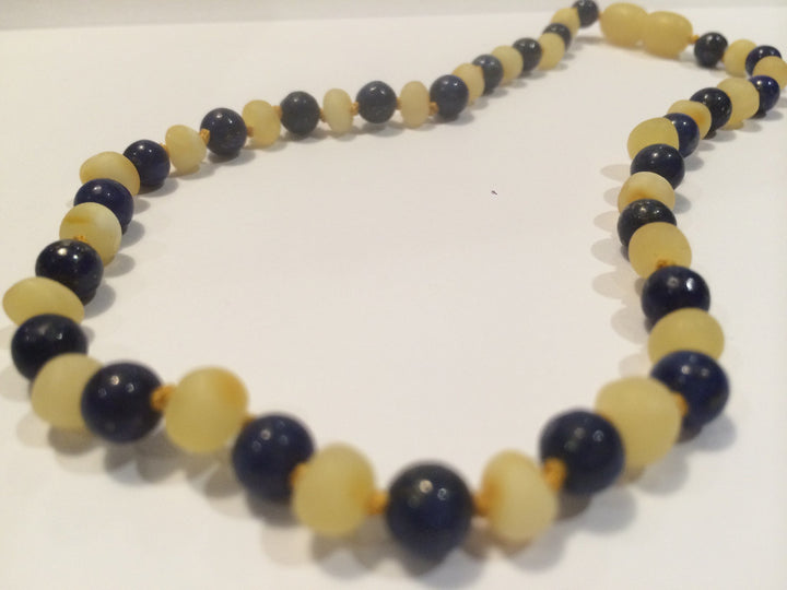 Raw Milk Baltic Amber Teething Necklace Baby Toddler With Lapis Lazuli For Stress, Anxiety, ADHD