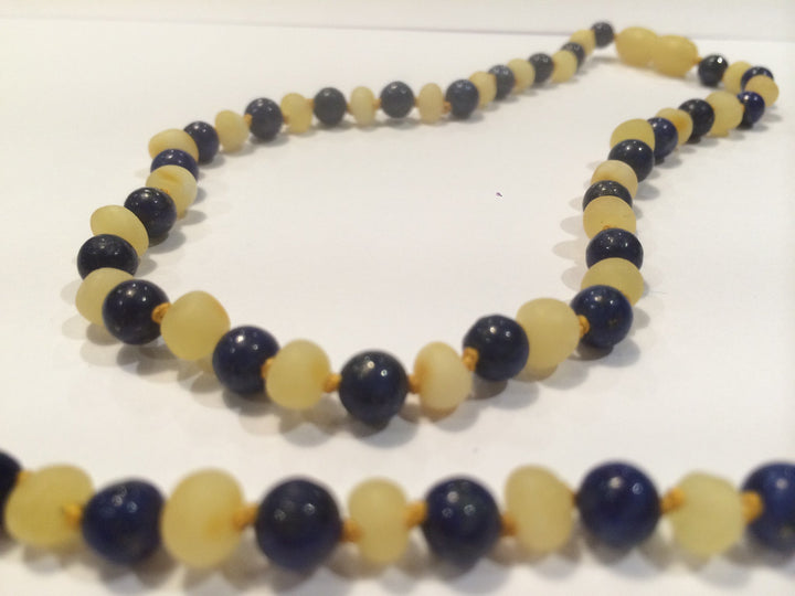 Raw Milk Baltic Amber Teething Necklace Baby Toddler With Lapis Lazuli For Stress, Anxiety, ADHD