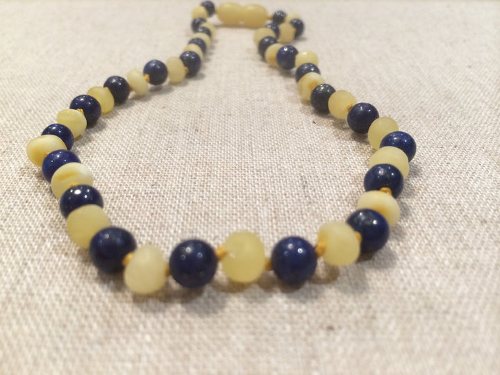 Raw Milk Baltic Amber Teething Necklace Baby Toddler With Lapis Lazuli For Stress, Anxiety, ADHD