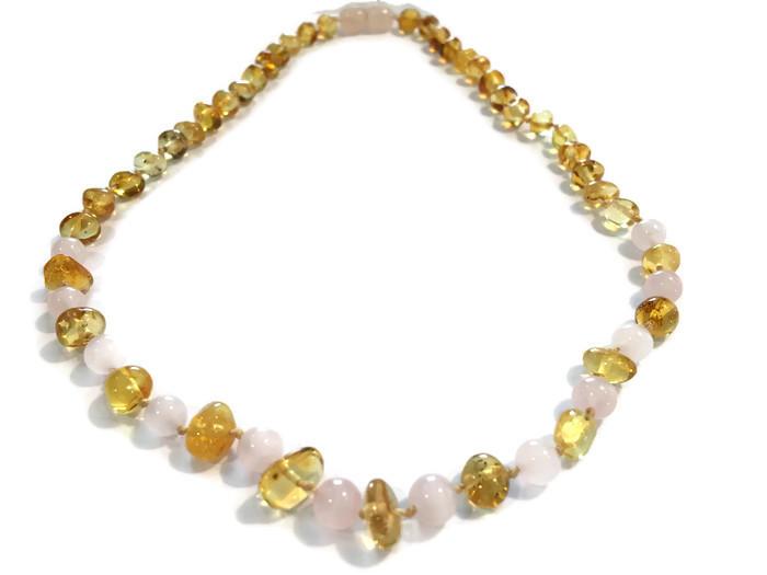Baltic Amber Necklace - Baltic Amber Polished Lemon Pink Rose Quartz 17-18 Necklace