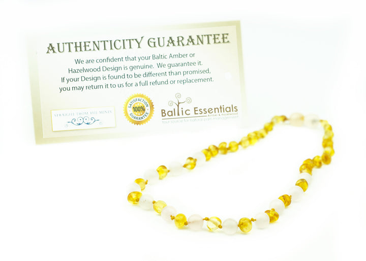 Baltic Amber Necklace - Baltic Amber Polished Lemon Pink Rose Quartz 17-18 Necklace