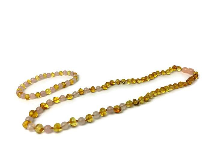 Baltic Amber Necklace - Baltic Amber Polished Lemon Pink Rose Quartz 17-18 Necklace
