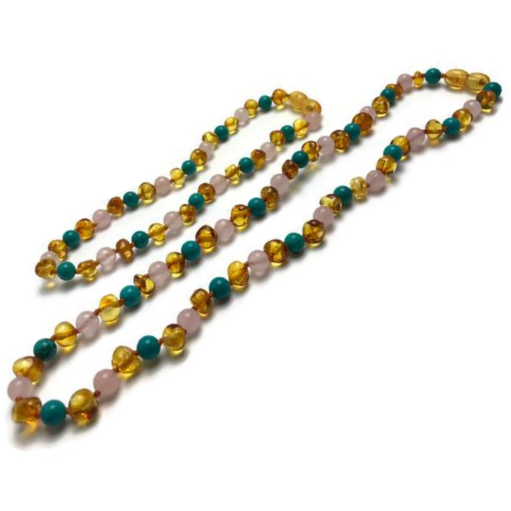 Baltic Amber Necklace - Baltic Amber Teething Necklace Honey Amber Pink Rose Quartz Turquoise