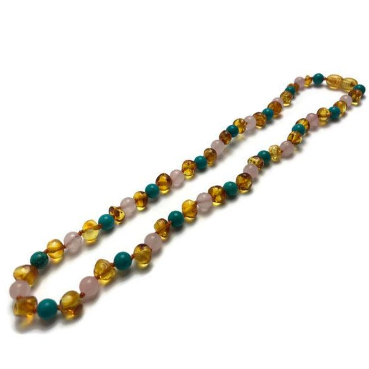 Baltic Amber Necklace - Baltic Amber Teething Necklace Honey Amber Pink Rose Quartz Turquoise