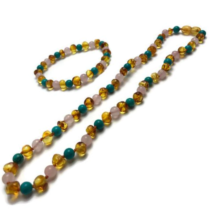 Baltic Amber Necklace - Baltic Amber Teething Necklace Honey Amber Pink Rose Quartz Turquoise