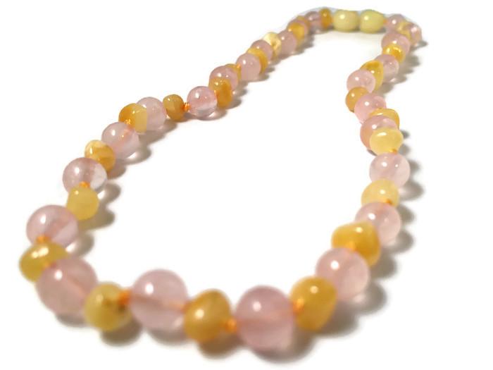 Baltic Amber Necklace - Baltic Amber Teething Necklace Rainbow Milk Mixed With Pink Rose Quartz Multi Baby, Infant, Toddler, Big Kid. 12.5 Inch