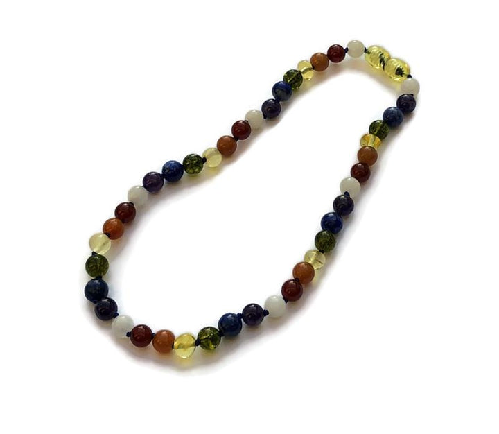 Baltic Amber Necklace - Chakra Rainbow 11 Or 12.5 Inch Baltic Amber Necklace Honey Moonstone