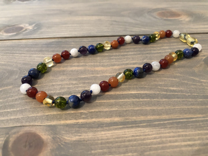 Baltic Amber Necklace - Chakra Rainbow 11 Or 12.5 Inch Baltic Amber Necklace Honey Moonstone
