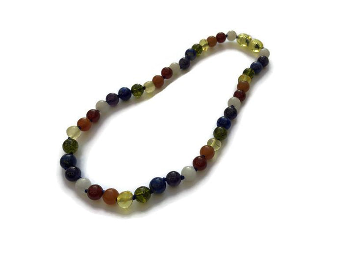 Baltic Amber Necklace - Chakra Rainbow 11 Or 12.5 Inch Baltic Amber Necklace Honey Moonstone