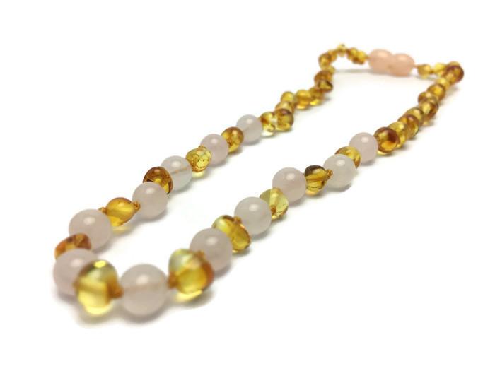 Baltic Amber Necklace - FAST Relief! Baltic Amber Teething Polished Lemon Pink Rose Quartz Separation Anxiety