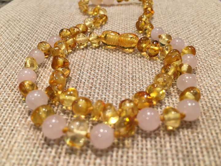 Baltic Amber Necklace - FAST Relief! Baltic Amber Teething Polished Lemon Pink Rose Quartz Anxiety