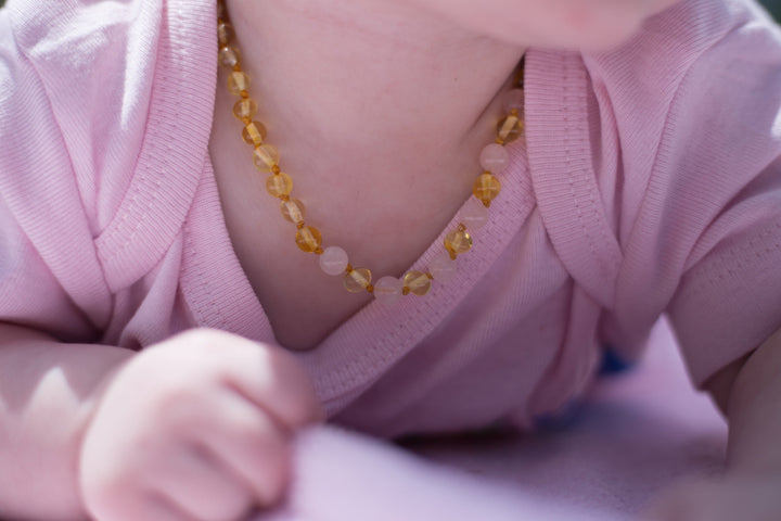 Baltic Amber Necklace - FAST Relief! Certified Baltic Amber Teething Necklace Lemon Pink Rose Quartz Separation Anxiety