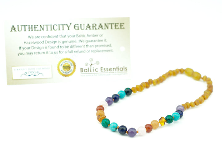 Baltic Amber Necklace - Half Baltic Amber Necklace 17 Rainbow Honey Amber Pink Quartz Red Agate