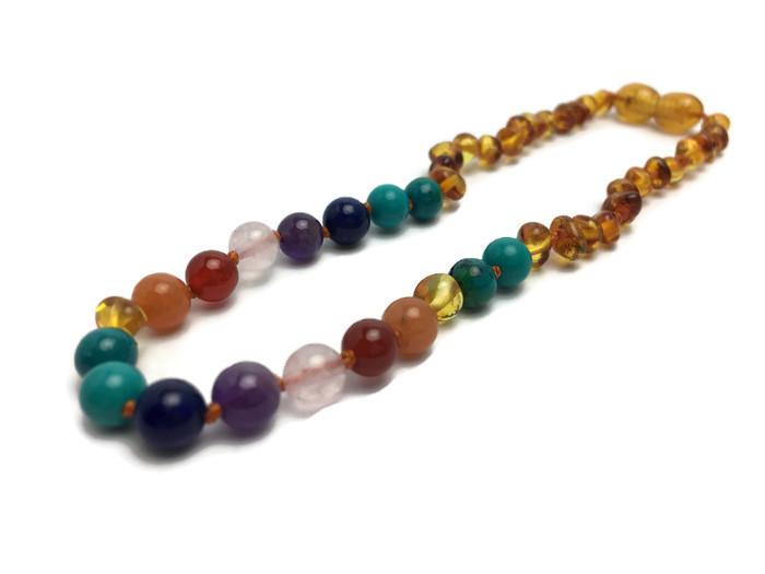 Baltic Amber Necklace - Half Baltic Amber Necklace 12.5 Polished Honey Rose Quartz  Amethyst