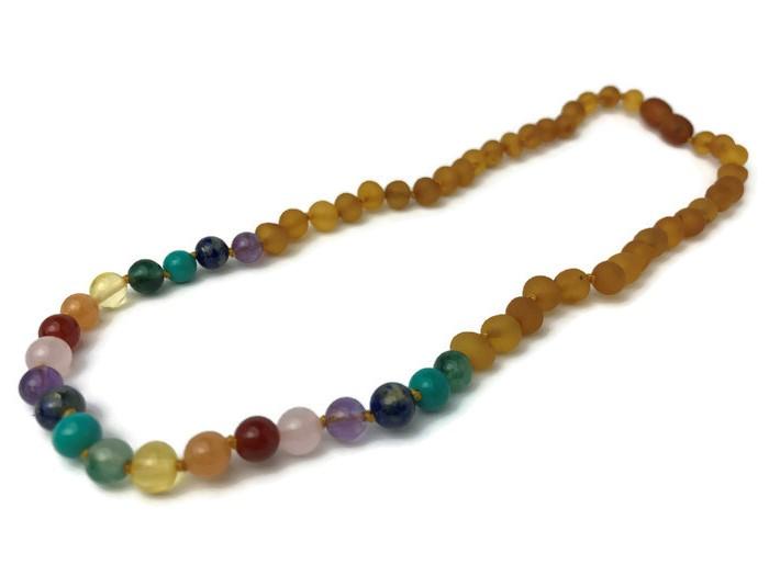 Baltic Amber Necklace - Half Baltic Amber Necklace 17 Rainbow Honey Amber Pink Quartz Red Agate