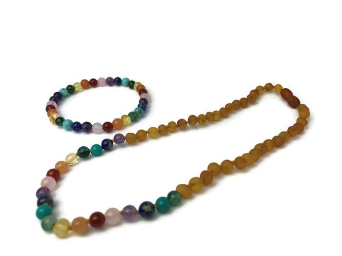 Baltic Amber Necklace - Half Baltic Amber Necklace 17 Rainbow Honey Amber Pink Quartz Red Agate