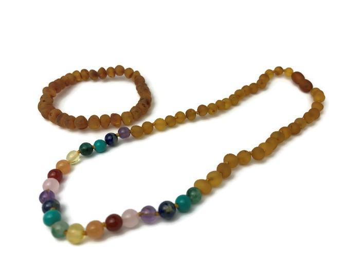 Baltic Amber Necklace - Half Baltic Amber Necklace 17 Rainbow Honey Amber Pink Quartz Red Agate