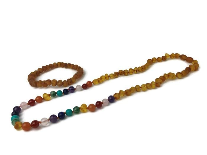 Baltic Amber Necklace - Half Baltic Amber Necklace 17 Rainbow Honey Amber Pink Quartz Red Agate