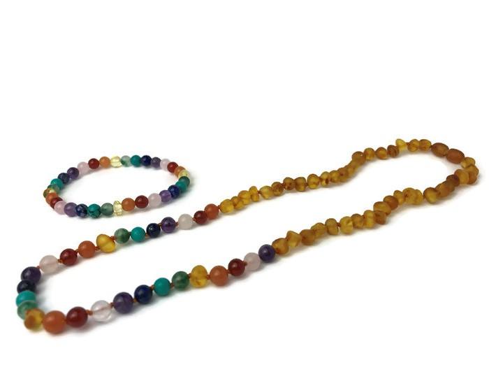 Baltic Amber Necklace - Half Baltic Amber Necklace 17 Rainbow Honey Amber Pink Quartz Red Agate